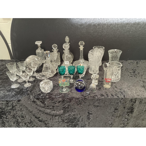 130 - BOX OF GLASSWARE TO INCLUDE DECANTERS, VASES ETC