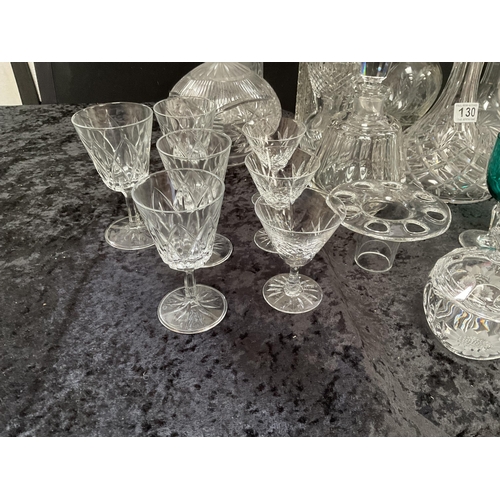 130 - BOX OF GLASSWARE TO INCLUDE DECANTERS, VASES ETC