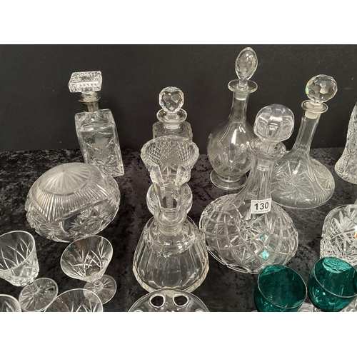 130 - BOX OF GLASSWARE TO INCLUDE DECANTERS, VASES ETC