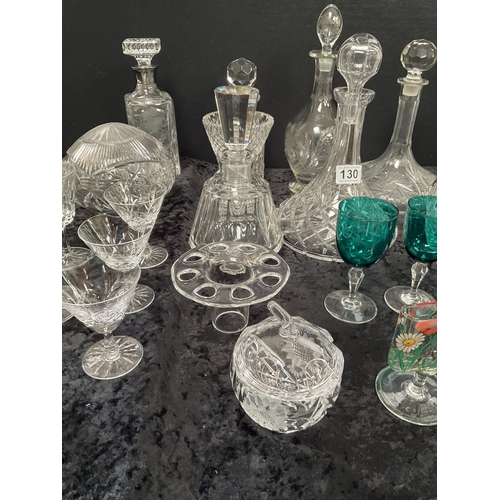 130 - BOX OF GLASSWARE TO INCLUDE DECANTERS, VASES ETC