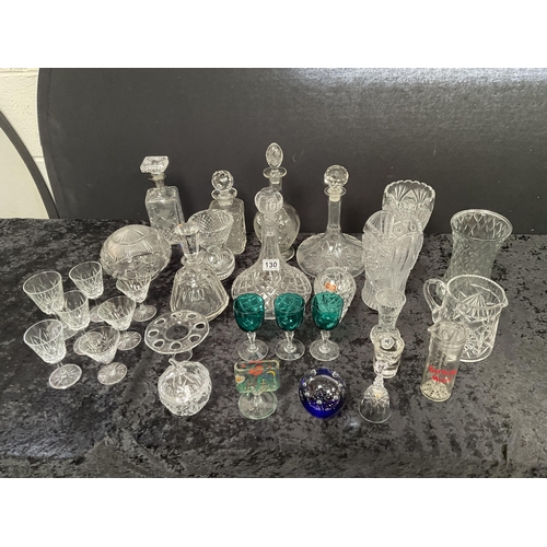 130 - BOX OF GLASSWARE TO INCLUDE DECANTERS, VASES ETC