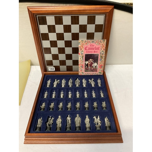 144 - CAMELOT CHESS SET COMPLETE IN CASE BY DANBURY MINT COMPLETE WITH BOOK 16 X 16