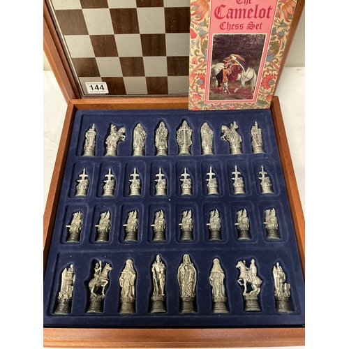 144 - CAMELOT CHESS SET COMPLETE IN CASE BY DANBURY MINT COMPLETE WITH BOOK 16 X 16