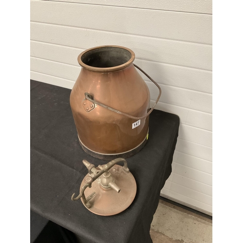 147 - VINTAGE COPPER AND STEEL MILK CHURN H 19