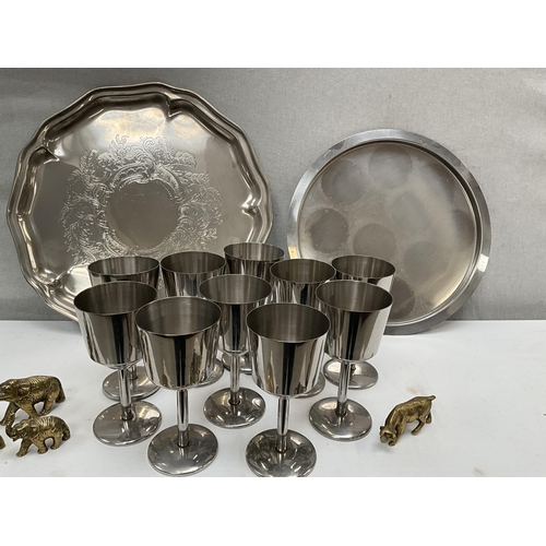 155 - BOX OF BRASS AND STAINLESS STEEL GOBLETS