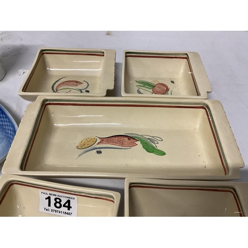 184 - SUSIE COOPER HORS D'OEUVRE DISHES AND 2 PIECES OF COPENHAGEN CHINA