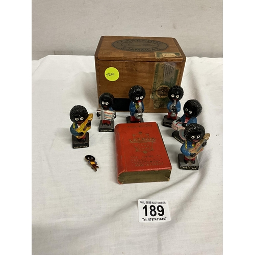 189 - BOX WITH ROBERTSONS GOLLY BAND, SMALL BADGE AND VINTAGE PLAYING CARDS IN A JAMAICA BOX