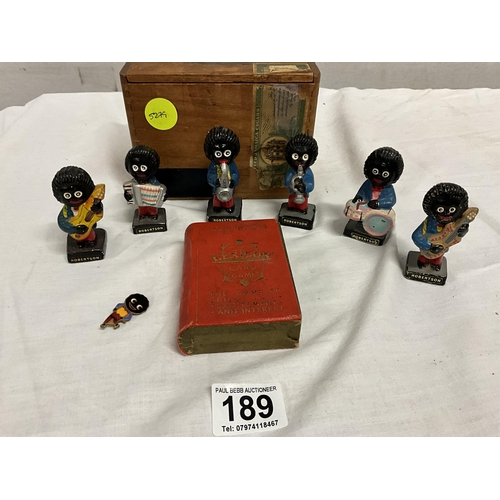 189 - BOX WITH ROBERTSONS GOLLY BAND, SMALL BADGE AND VINTAGE PLAYING CARDS IN A JAMAICA BOX