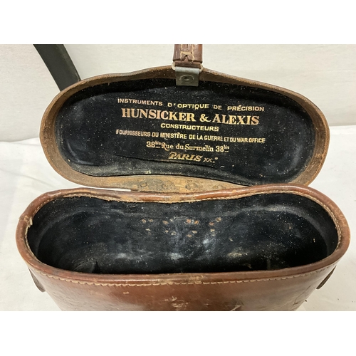 203 - HUNSICKER & ALEXIS PARIS MILITARY BINOCULARS IN LEATHER CASE - IMPRESSED CROWS FOOT MARK