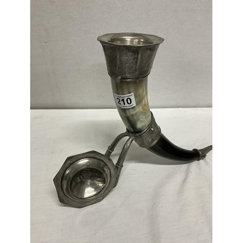 210 - PEWTER MOUNTED HORN WITH COVER DECORATION VIKINGS H 14