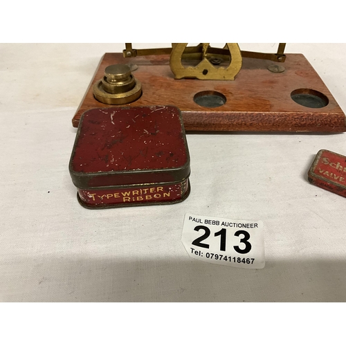 213 - POSTAGE SCALES AND 2 SMALL VINTAGE TINS