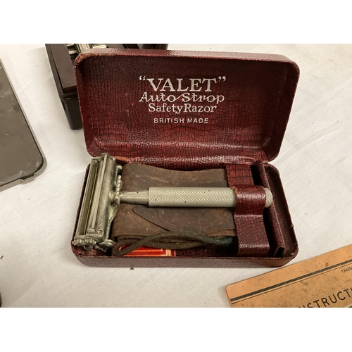 214 - COLLECTION OF CUT THROAT RAZORS, VALET SAFETY RAZOR, GILLETTE RAZOR COMPLETE IN BAKELITE BOX, TAYLOR... 