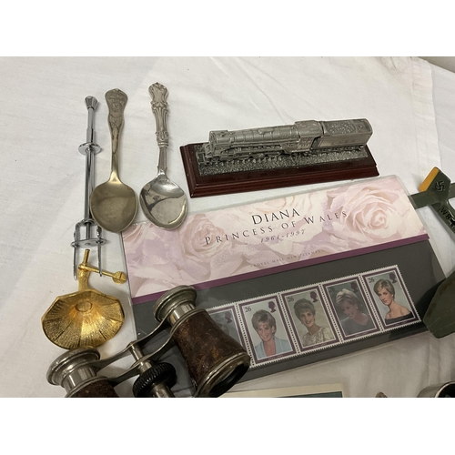 223 - BOX OF COLLECTABLES TO INCLUDE OPERA GLASSES, PENKNIVES, PEWTER TRAIN, FIRST DAY COVER, COLLECTION O... 