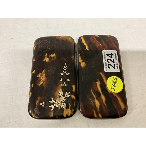 224 - TORTOISE SHELL CARD CASE, INLAID TORTOISE SHELL CARD CASE AND MOTHER OF PEARL INLAID CARD CASE L 6.5... 