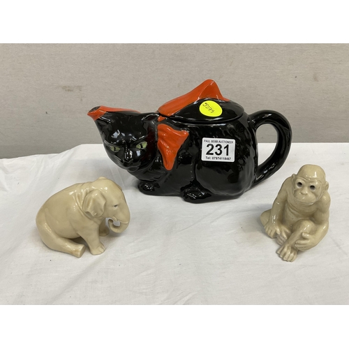 231 - CROWN WARE BLACK CAT TEAPOT AND 2 GLAZED ANIMAL FIGURES CHIMP AND ELEPHANT