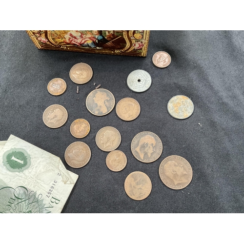 241 - TIN OF OLD £1 POUND NOTES (133) AND COINS