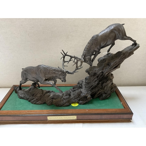 251 - MODERN BRONZE FIGHTING STAGS STATUE ENTITLED MOUNTAIN THUNDER BY D.VAN RAYCHEVELT H 12