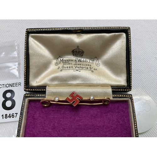 258 - GERMAN GOLD AND SEED PEARL NAZI BROOCH IN MAPPIN & WEBB PRESENTATION CASE, GOLD SCRAP OF PAPER PENDA... 