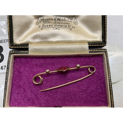 258 - GERMAN GOLD AND SEED PEARL NAZI BROOCH IN MAPPIN & WEBB PRESENTATION CASE, GOLD SCRAP OF PAPER PENDA... 