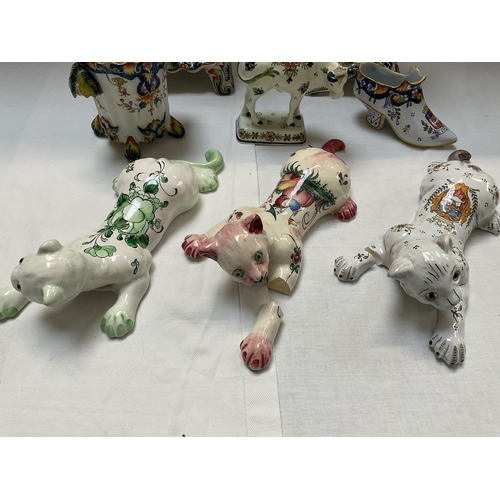 264 - COLLECTION OF FAIENCE FRENCH CHINA, DELFT BULL FIGURE A/F, 3 FRENCH POTTERY CATS  A/F