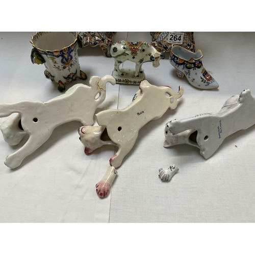 264 - COLLECTION OF FAIENCE FRENCH CHINA, DELFT BULL FIGURE A/F, 3 FRENCH POTTERY CATS  A/F