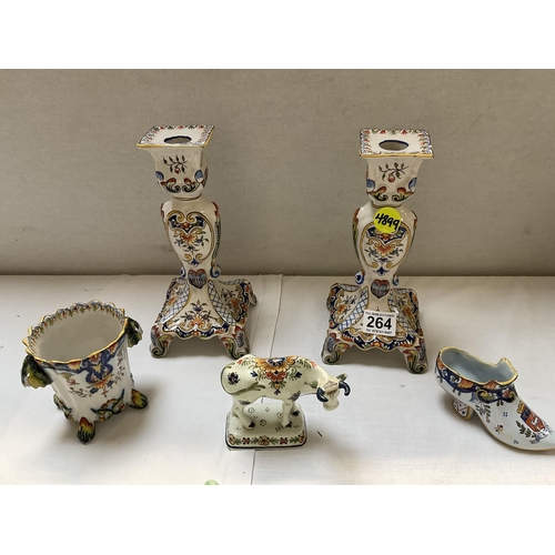 264 - COLLECTION OF FAIENCE FRENCH CHINA, DELFT BULL FIGURE A/F, 3 FRENCH POTTERY CATS  A/F