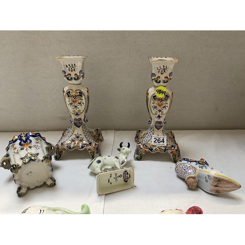 264 - COLLECTION OF FAIENCE FRENCH CHINA, DELFT BULL FIGURE A/F, 3 FRENCH POTTERY CATS  A/F