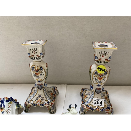 264 - COLLECTION OF FAIENCE FRENCH CHINA, DELFT BULL FIGURE A/F, 3 FRENCH POTTERY CATS  A/F