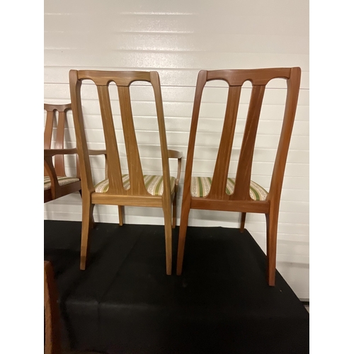 277 - SET OF 8 RETRO TEAK DINING CHAIRS LABELLED NATHAN WITH UPHOLSTERED SEATS TO INCLUDE 6 DINERS AND 2 C... 