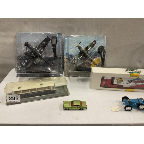 282 - BOX OF BOXED MODEL LORRIES, BUSES, AEROPLANES ETC