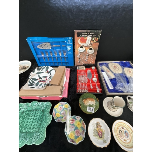 313 - BOX OF CHINA AND BOXED CUTLERY ETC