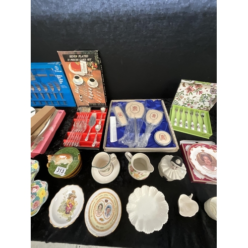 313 - BOX OF CHINA AND BOXED CUTLERY ETC