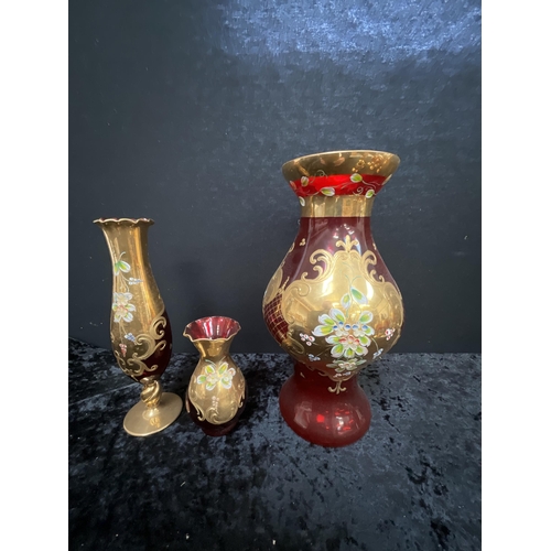 317 - COLLECTION OF GILT OVERLAY RED GLASSWARE TO INCLUDE GOBLETS VASES, WINE DECANTER ETC (JUG H16