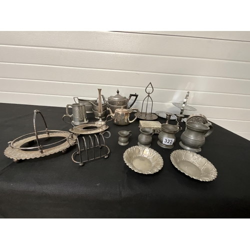 322 - BOX OF SILVER PLATED ITEMS TO INCLUDE 3 PIECE TEA SET AND PEWTER TANKARDS