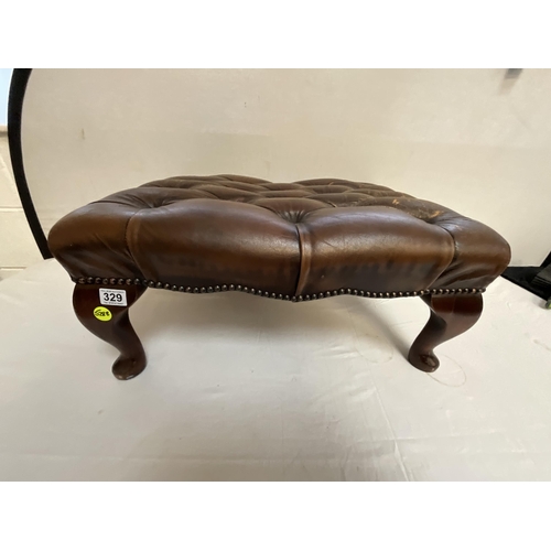 329 - LEATHER BUTTON BACKED FOOTSTOOL ON CABRIOLE LEGS A/F H 13