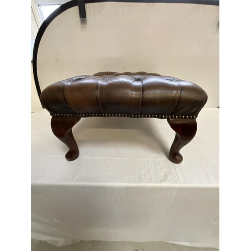 329 - LEATHER BUTTON BACKED FOOTSTOOL ON CABRIOLE LEGS A/F H 13