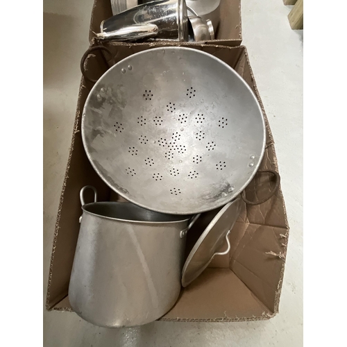 340 - 3 BOXES OF SAUCEPANS, CATERING ITEMS ETC