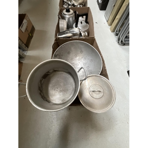 340 - 3 BOXES OF SAUCEPANS, CATERING ITEMS ETC