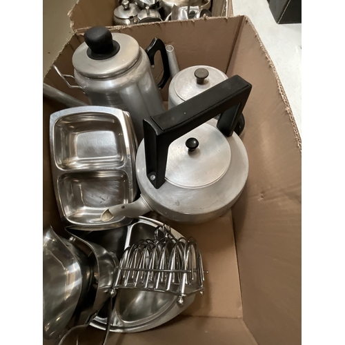 340 - 3 BOXES OF SAUCEPANS, CATERING ITEMS ETC