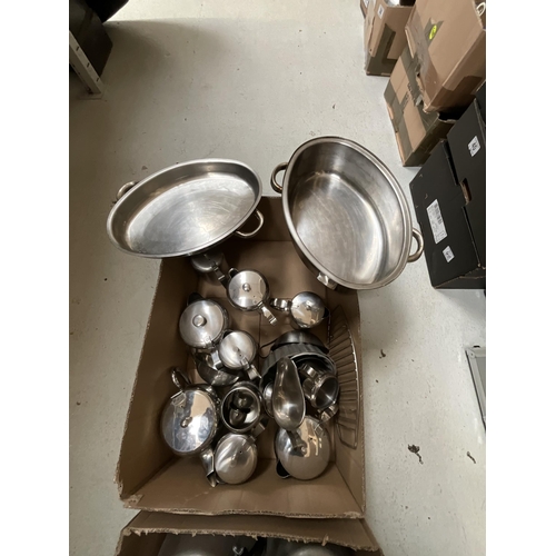 340 - 3 BOXES OF SAUCEPANS, CATERING ITEMS ETC