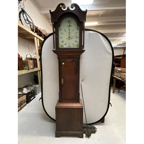 342 - 8 DAY OAK WITH MAHOGANY CROSS BANDED LONG CASE PAINTED FACE GRANDFATHER CLOCK A/F H 87