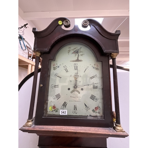 342 - 8 DAY OAK WITH MAHOGANY CROSS BANDED LONG CASE PAINTED FACE GRANDFATHER CLOCK A/F H 87