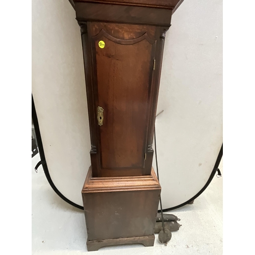 342 - 8 DAY OAK WITH MAHOGANY CROSS BANDED LONG CASE PAINTED FACE GRANDFATHER CLOCK A/F H 87