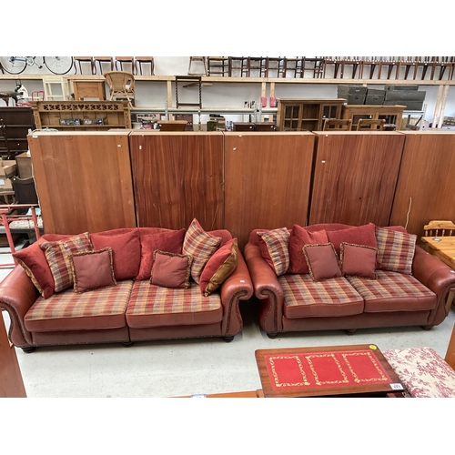 453 - TERRACOTTA LEATHER AND FABRIC 3 SEATER AND 2 SEATER OVERSIZED SOFAS WITH CUSHIONS H 35