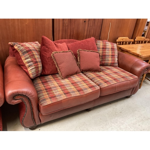 453 - TERRACOTTA LEATHER AND FABRIC 3 SEATER AND 2 SEATER OVERSIZED SOFAS WITH CUSHIONS H 35