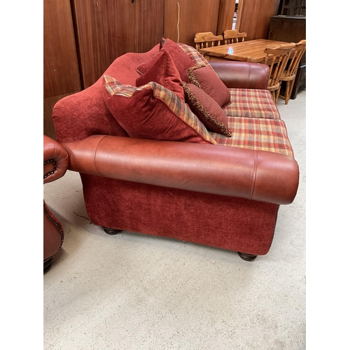 453 - TERRACOTTA LEATHER AND FABRIC 3 SEATER AND 2 SEATER OVERSIZED SOFAS WITH CUSHIONS H 35