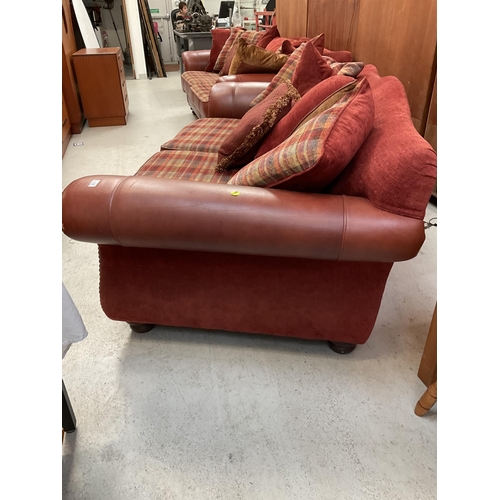 453 - TERRACOTTA LEATHER AND FABRIC 3 SEATER AND 2 SEATER OVERSIZED SOFAS WITH CUSHIONS H 35