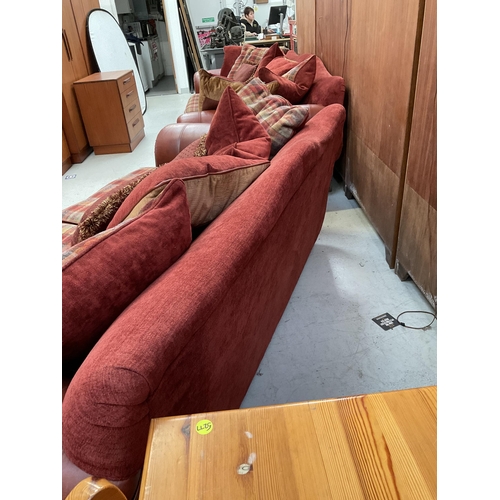 453 - TERRACOTTA LEATHER AND FABRIC 3 SEATER AND 2 SEATER OVERSIZED SOFAS WITH CUSHIONS H 35