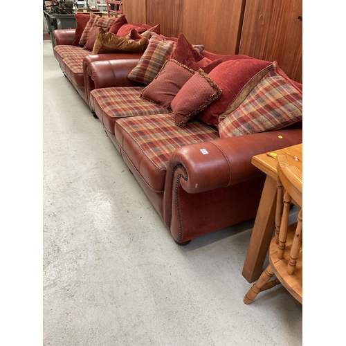 453 - TERRACOTTA LEATHER AND FABRIC 3 SEATER AND 2 SEATER OVERSIZED SOFAS WITH CUSHIONS H 35