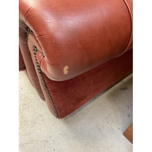 453 - TERRACOTTA LEATHER AND FABRIC 3 SEATER AND 2 SEATER OVERSIZED SOFAS WITH CUSHIONS H 35